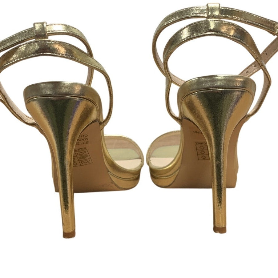 Elisabet Tang Womens Size 7.5 Gold 4" Heels Open Square Toe Ankle Strap Shoes