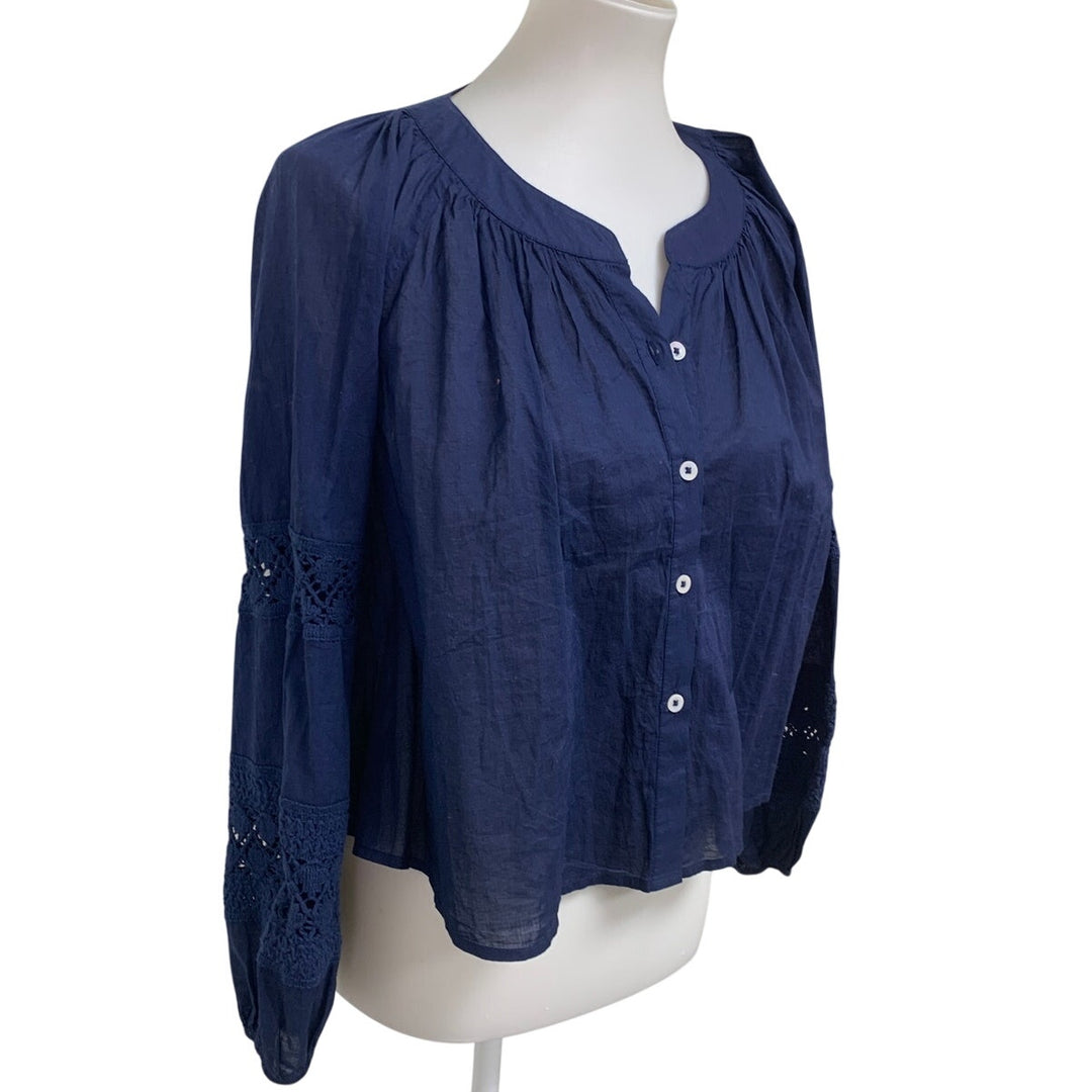 New Aerie Womens Small Navy Blue Long Sleeve Flowy Crochet Button Down Shirt