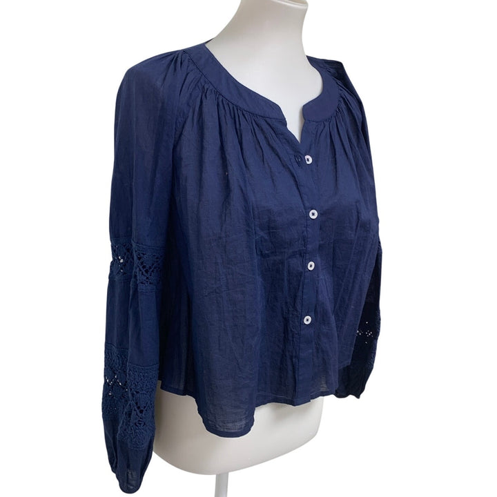 New Aerie Womens Small Navy Blue Long Sleeve Flowy Crochet Button Down Shirt