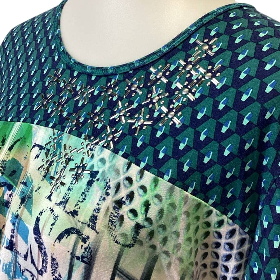 Rabe Size 14 Long Sleeve Flowy Beaded Stretchy Polyester Blend Crew Neck Blouse