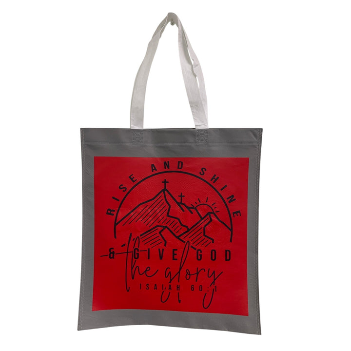 New Upcycled Hand Printed Rise &amp; Shine Give God Glory Isaiah 60:1 Tote Bag