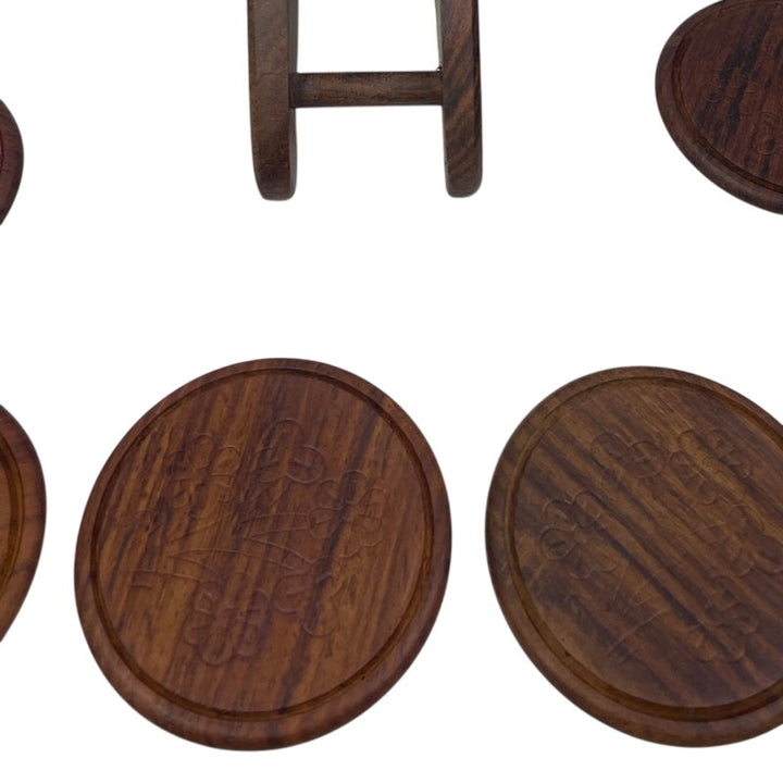 Set of 6 Vintage Carved Dark Walnut Wood Bahamas Drink Coasters Seashell Holder