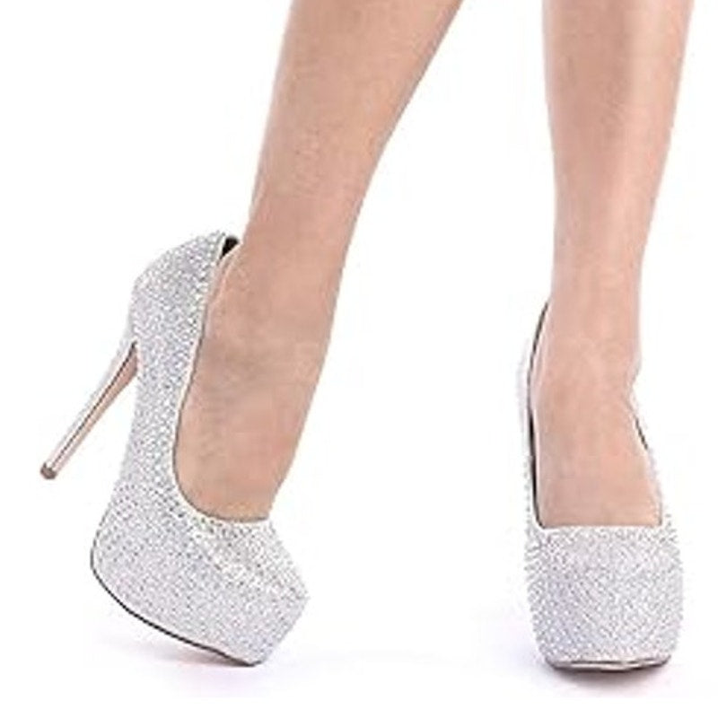 Dream Pairs Womens 5.5 Silver Rhinestone 5.5" Platform Heel Close Toe Pump Shoes