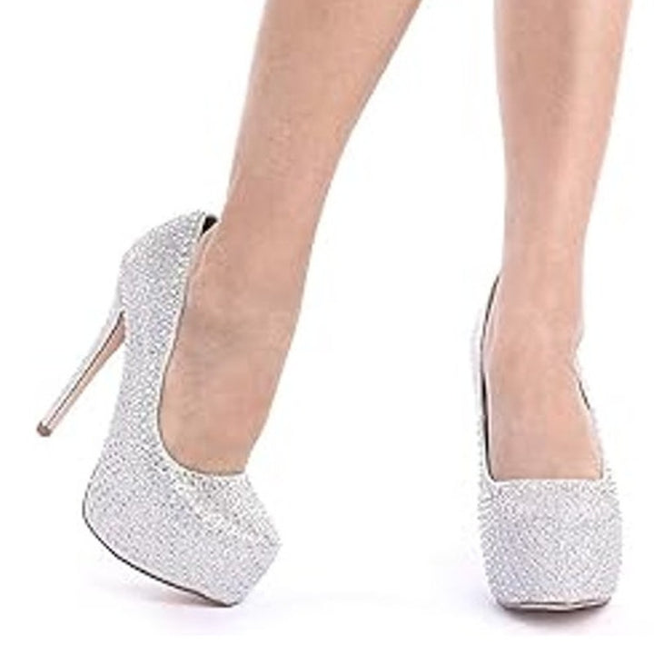 Dream Pairs Womens 5.5 Silver Rhinestone 5.5" Platform Heel Close Toe Pump Shoes