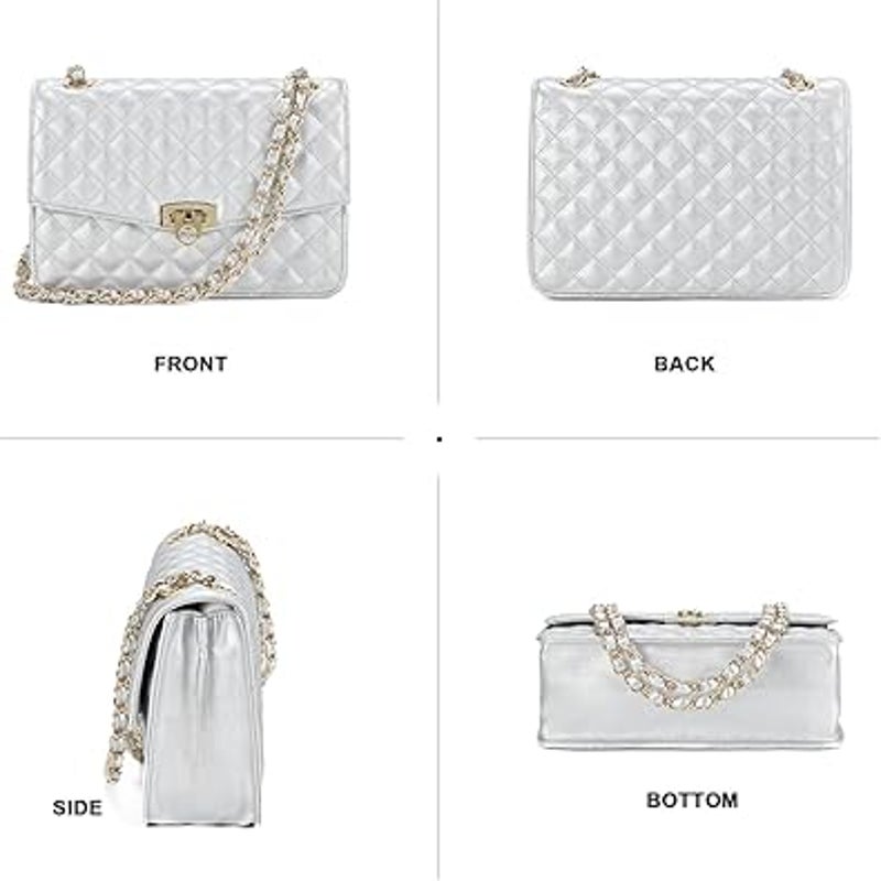 New GM LIKKIE Shiny Silver Quilted Double Handle Adjustable Strap Shoulder Bag