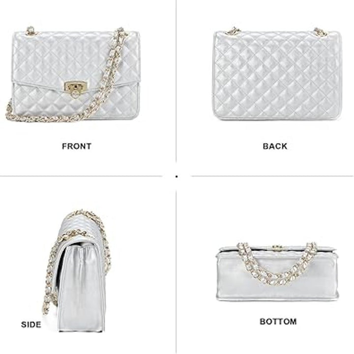 New GM LIKKIE Shiny Silver Quilted Double Handle Adjustable Strap Shoulder Bag