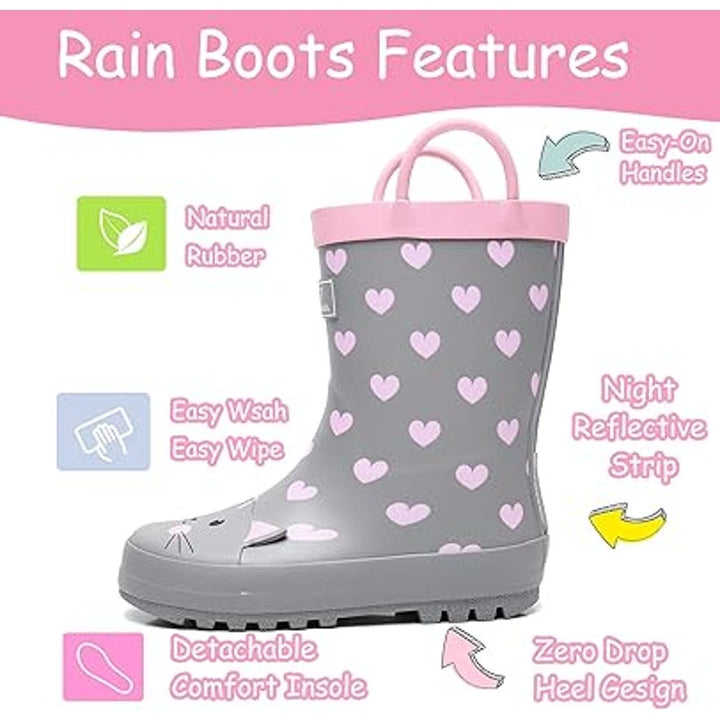 Rain Angel Big Girls Size 4 Gray Pink Cat Pull On Waterproof Rain Boot Shoes