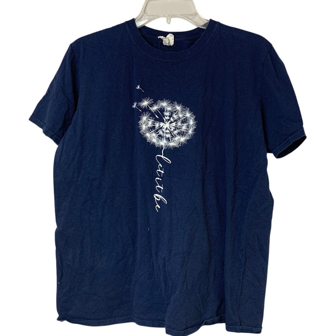 Upcycled Hand Printed Womens Medium Let It Be Dandelion Short Sleeve Tee Shirt