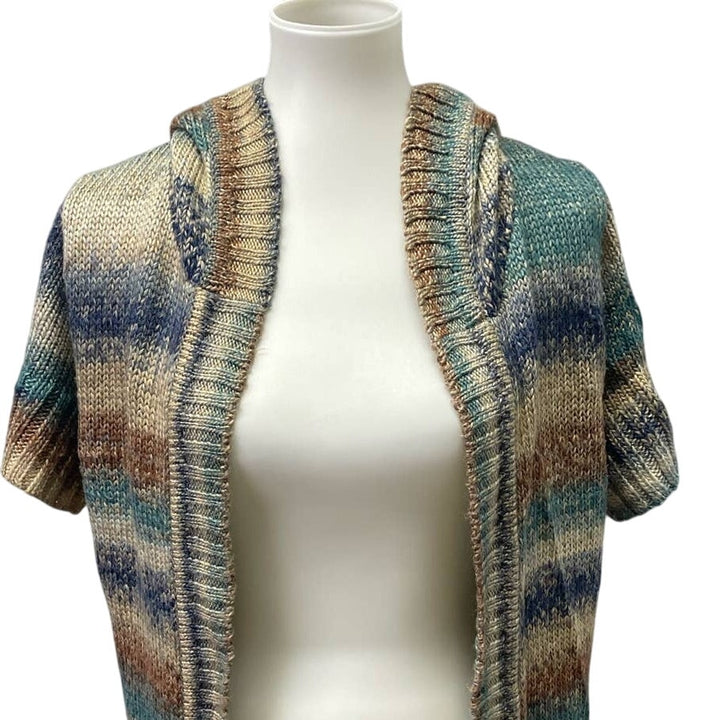 Dress Barn Womens Medium Short Sleeve Striped Knit Open Cardigan Hooded Sweater