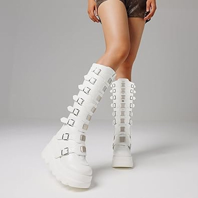 Celnepho Womens Size 10.5 White Faux Leather 3.5" Wedge Platform Knee High Boots