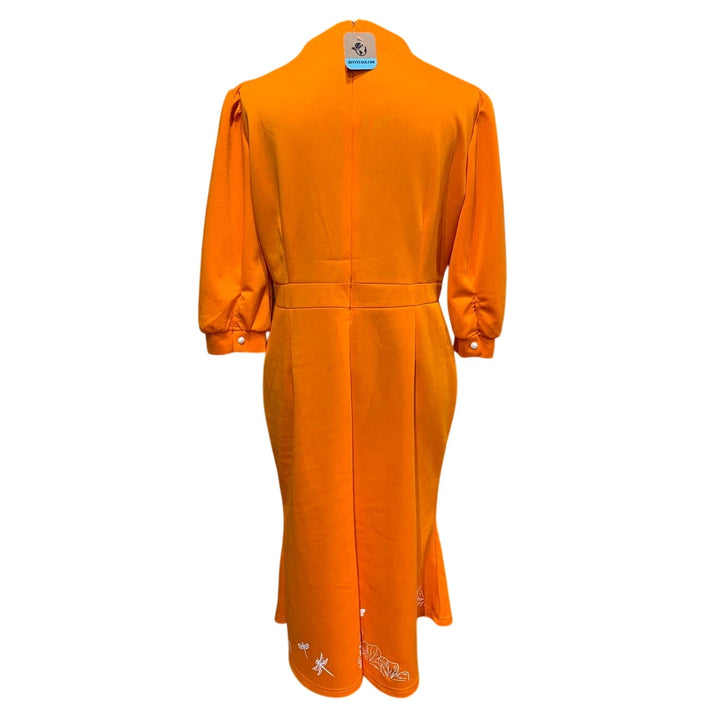 Vintage Hand Printed XL Dragonfly Long Sleeve Polyester Orange Flutter Hem Dress