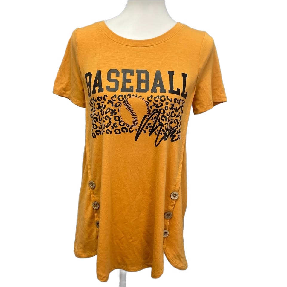 Hand Printed Upcycled Womens Small Baseball Mom Button Detail Long Tee Shirt