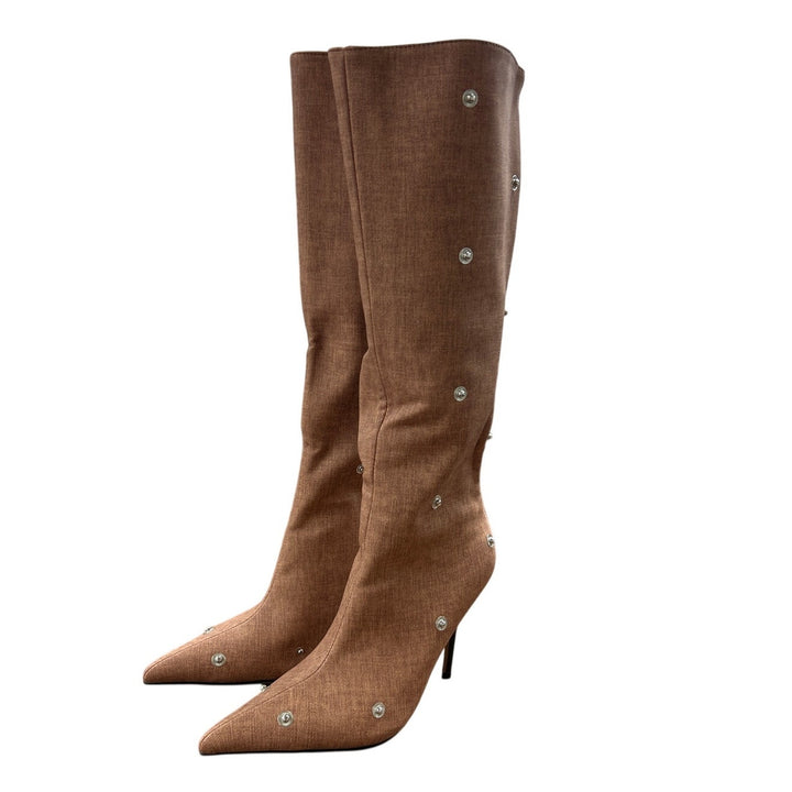 New Arqa Womens 7.5 Brown Faux Leather Studded 4" Heel Knee High Boots Shoes