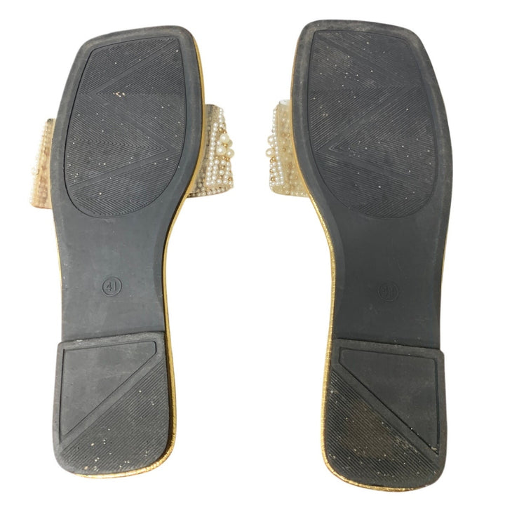 Gorglitter Womens 10.5 Gold Pearl Slip On Open Toe Wide Strap Flat Sandal Shoes