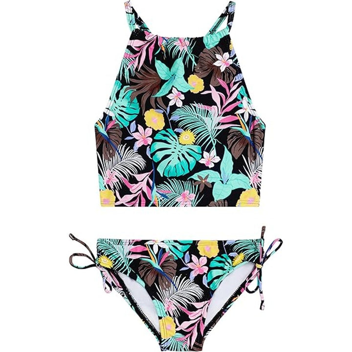 Kanu Surf Girl Size 6 Black Tropical Daisy UPF 50 Beach Halter Tankini Swim Suit