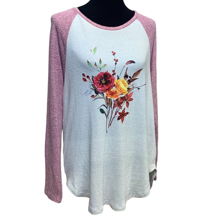 Hand Printed Upcycled Large Watercolor Autumn Flower Peony Bouquet Sweater/.