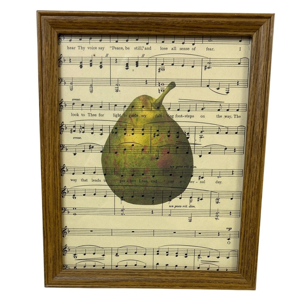 Upcycled Dark Academia Pear Printed on Vintage Sheet Music Wood Frame w Glass