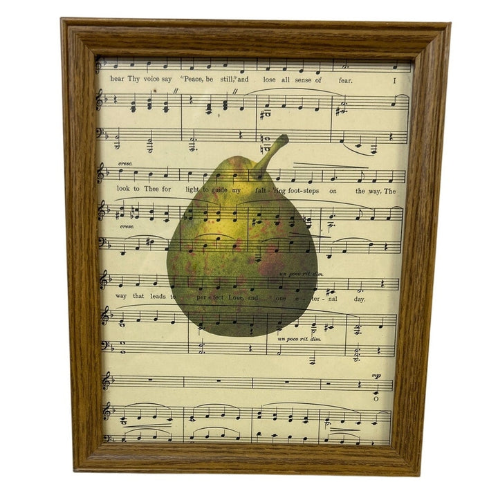 Upcycled Dark Academia Pear Printed on Vintage Sheet Music Wood Frame w Glass