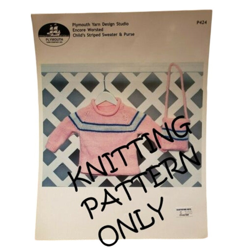 New 2004 Plymouth P424 Encore Worsted Child Striped Sweater Bag Knitting Pattern