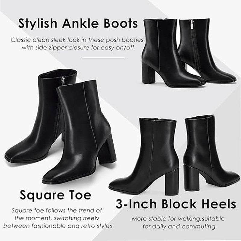 New Genshou Womens Size 10 Black Faux Leather Square Toe Zip Up Ankle Boot Shoes