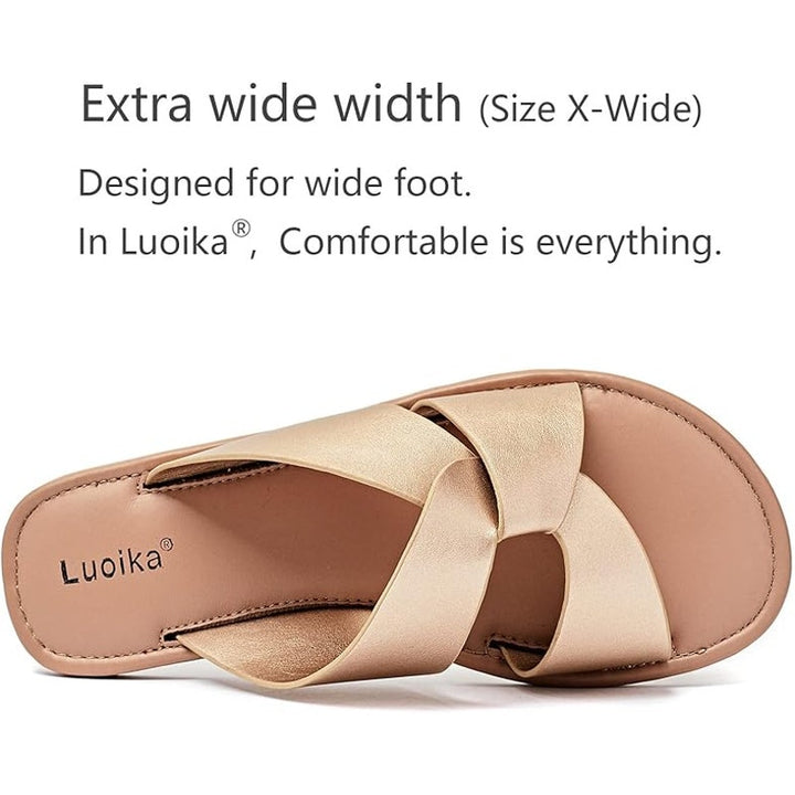 Luoika Womens Size 9W Wide Gold Criss Cross Flat Slide On Sandal Strappy Shoes