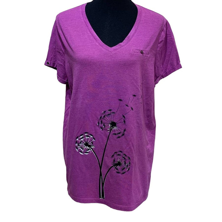 Hand Printed Upcycled Dandelion Make a Wish 1X PolyCotton Short Sleeve Tee