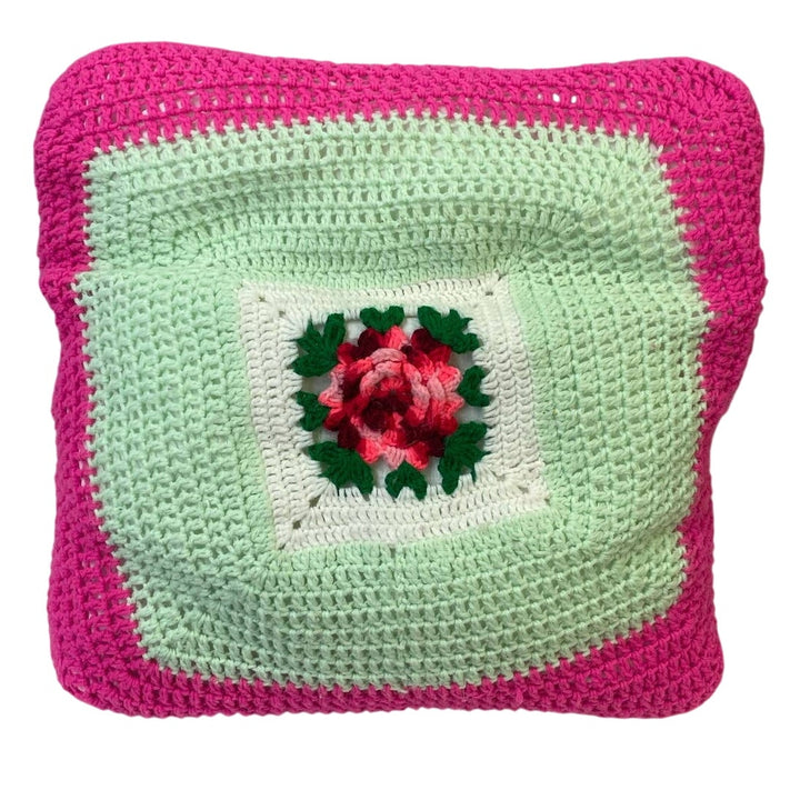 Handmade Vintage 1970s Hand Crocheted 22" Square Rosette Large Throw Pillow