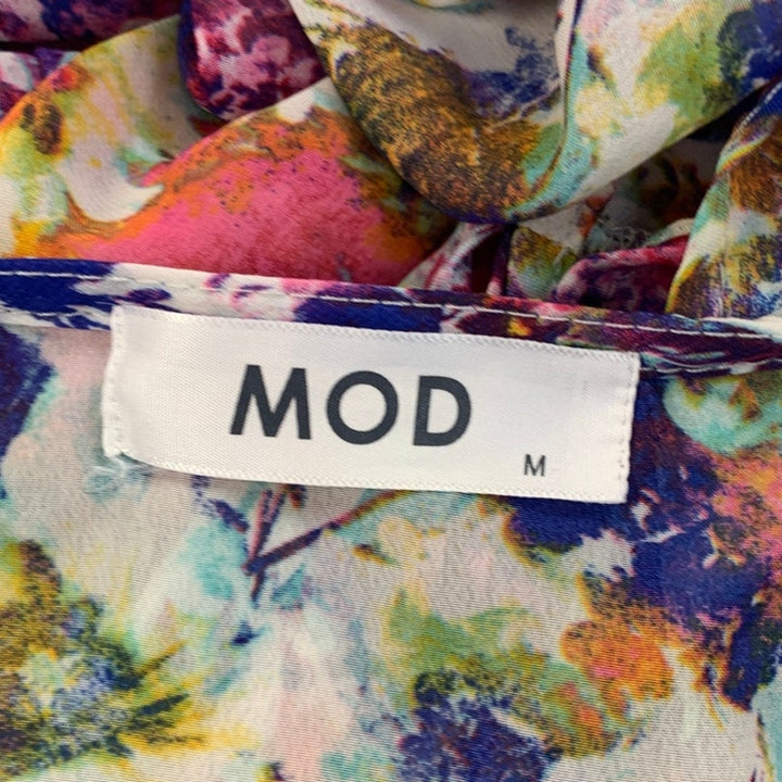 MOD Womens Medium Bright Floral Lightweight Flowy Front Tie Long Sleeve Coverup