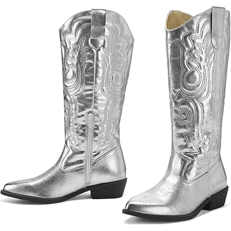 Mysoft Womens Size 10 Shiny Silver Faux Leather 1.5" Heel Western Cowboy Boots