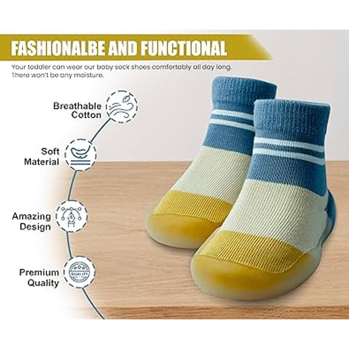 Toddler Boys Size 2 Blue Yellow Soft Sole Non Slip Pull On Sock Sneakers Shoes