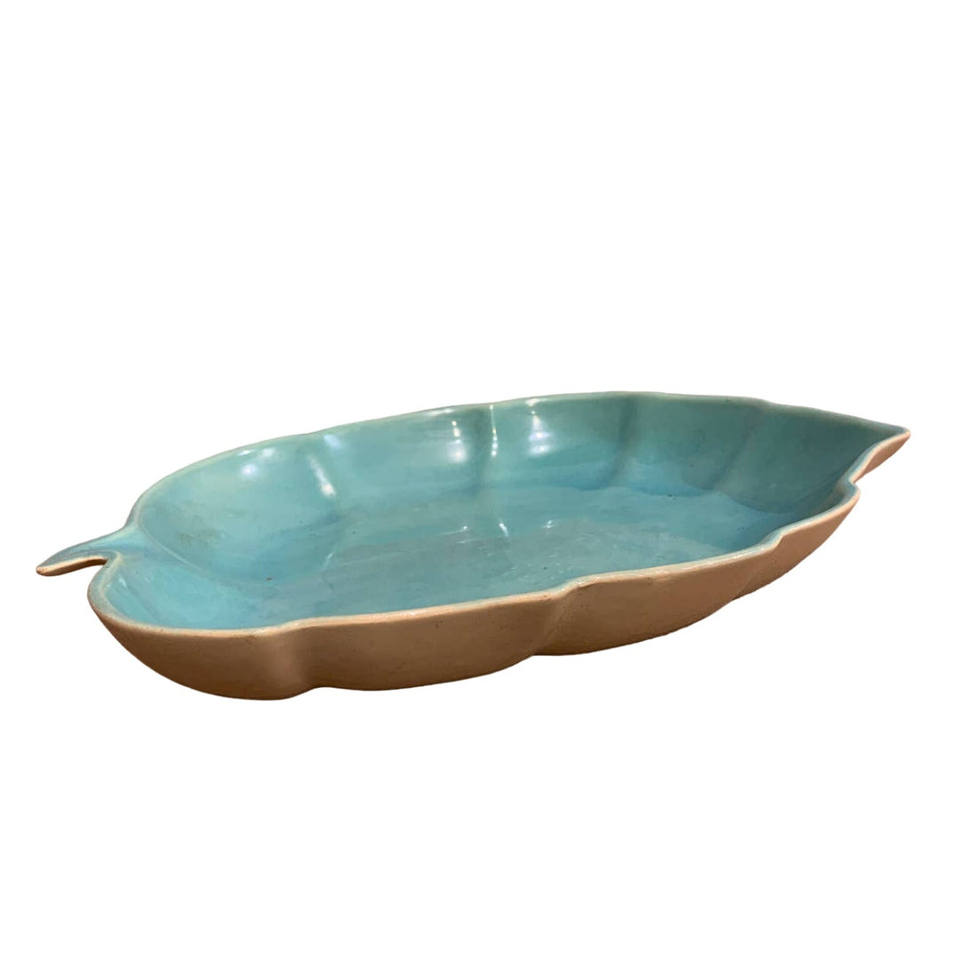 Vintage Ceramic Large Leaf with Stem Green Cream Platter Bowl Serving Dish