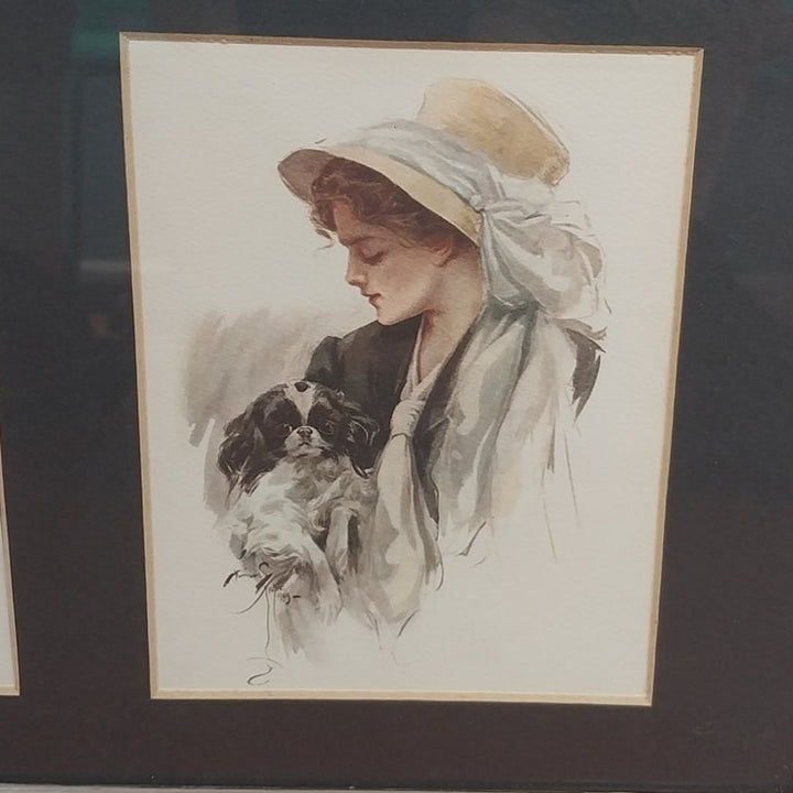 2 Vintage 1948 Victorian Lady in Chair Teacup Dog Glass Front Wood Framed Prints