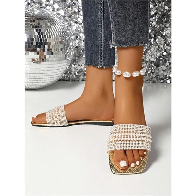 Gorglitter Womens 10.5 Gold Pearl Slip On Open Toe Wide Strap Flat Sandal Shoes