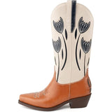 Wiralomi Womens Size 8.5 Beige Black Brown Faux Leather Floral Cowboy Boot Shoes