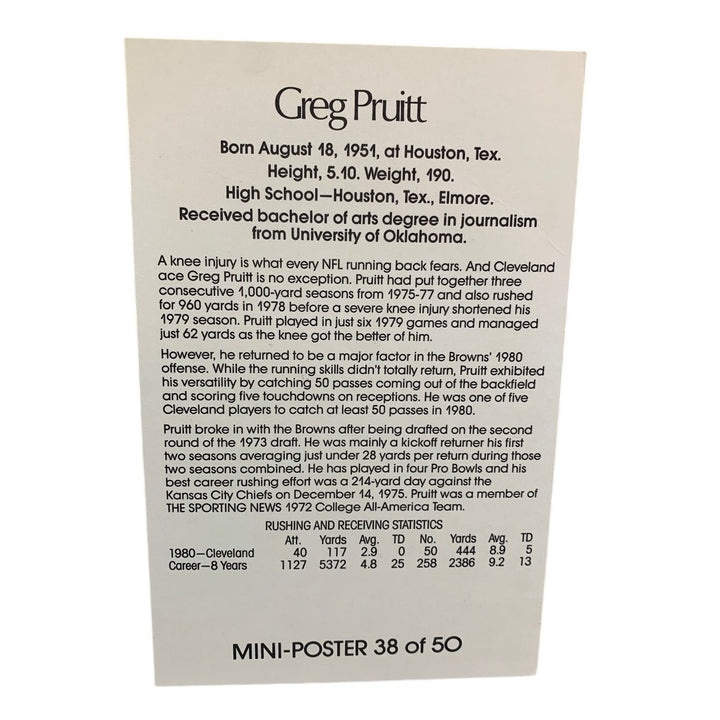 Vintage 1980s NFL Cleveland Greg Pruitt Mini Poster 38 of 50 Football Card