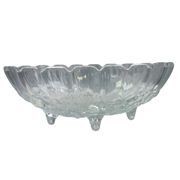 Vintage Oval Footed Cut Glass Scalloped Edge Floral Leaf Serving Bowl Dish