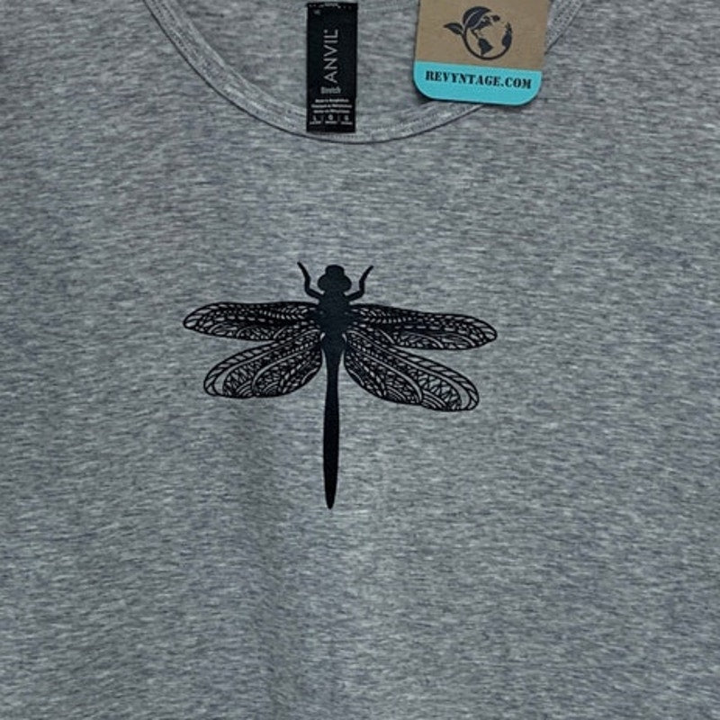 New Hand Printed Womens Large Heathered Dragonfly Sleeveless Crew Neck Tank Top