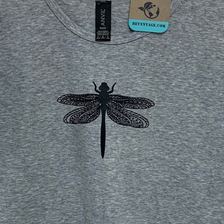 New Hand Printed Womens Large Heathered Dragonfly Sleeveless Crew Neck Tank Top