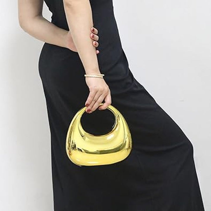 New Fukefukeus Shiny Gold Hard Acrylic Magnetic Closure Moon Evening Handbag