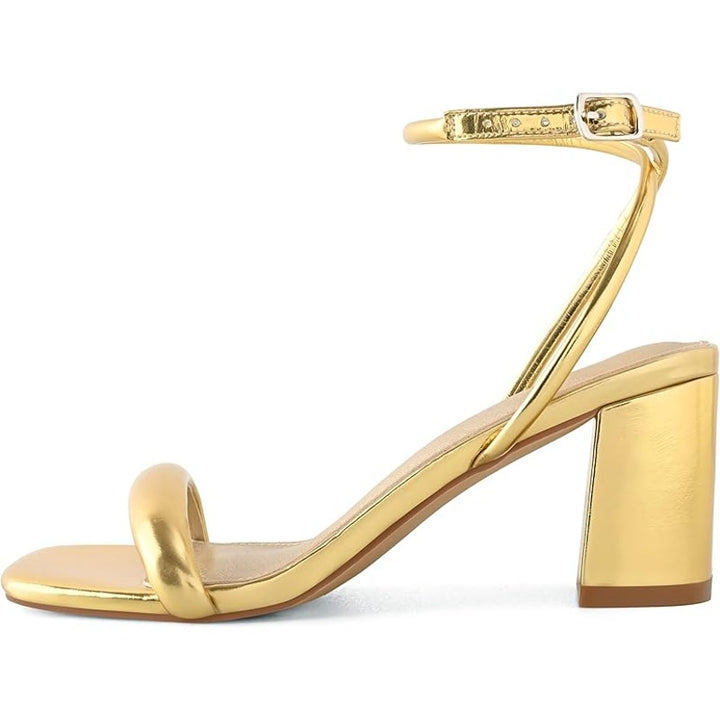 Shoe N Tale Womens Size 6 Gold 2.5" Heels Open Square Toe Ankle Strap Heels