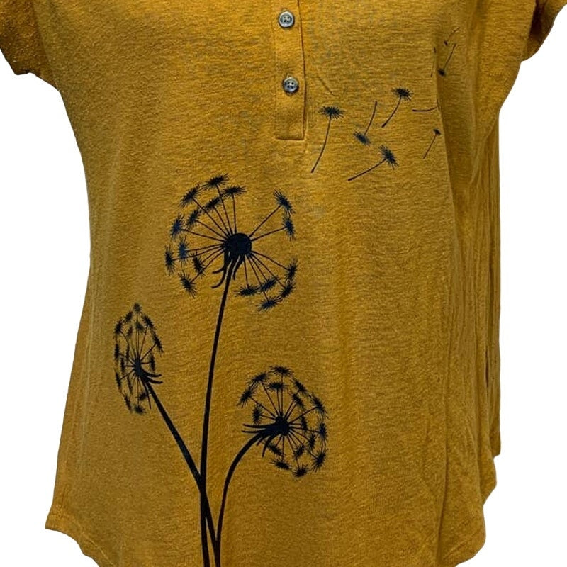 Hand Printed Upcycled Medium Dandelion Make a Wish V-Neck Short Sleeve Tee