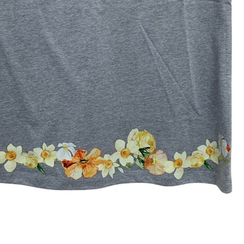 New Hand Printed Medium Heathered Gray Floral Wrap Around Short Sleeve Tee Shirt