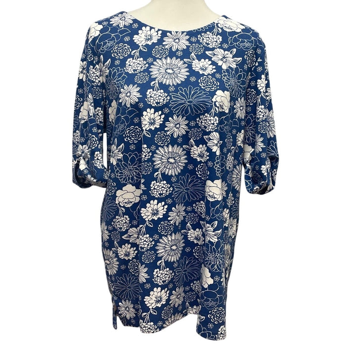 Blair Womens XL Blue White Floral Short Sleeve Cotton Blend Long Tee Shirt Tunic