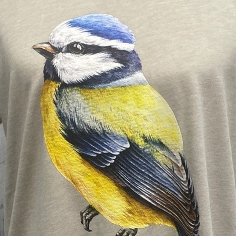 New Hand Printed Womens Medium Yellow Blue Wild Bird PolyCotton Crew Neck Tee