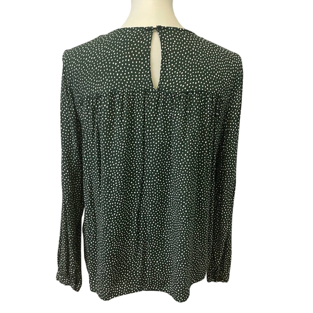 H&amp;M Womens Size 12 100% Viscose Long Sleeve Forest Green Polka Dot Blouse Top