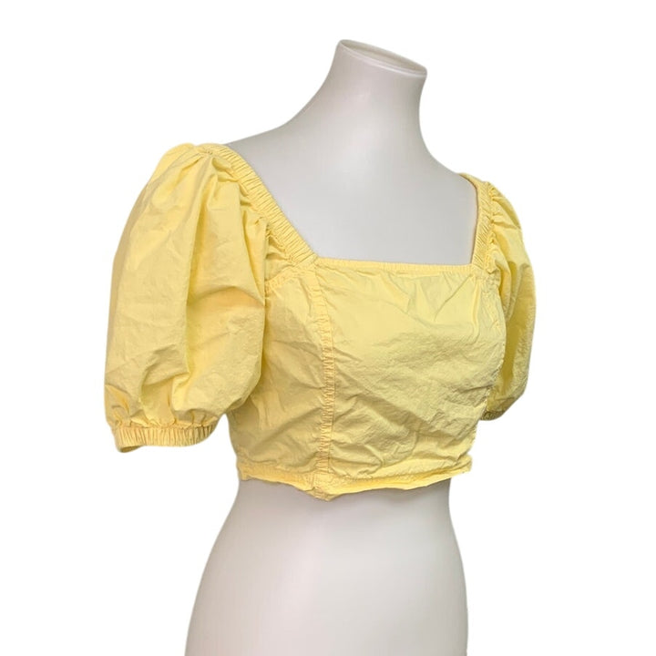 New Aerie Womens Small Pale Yellow Puff Sleeve Smocked Cropped Square Neck Top