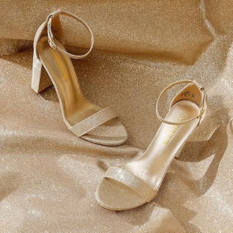 Dream Pairs Womens Size 8 Gold Glitter Open Toe 4" Block Heel Ankle Strap Shoes