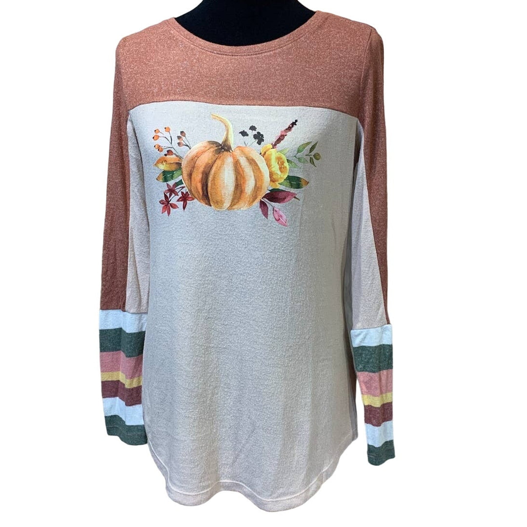 Hand Printed Small Upcycled Pumpkin Autumn Fall Flower Long Sleeve Sweater