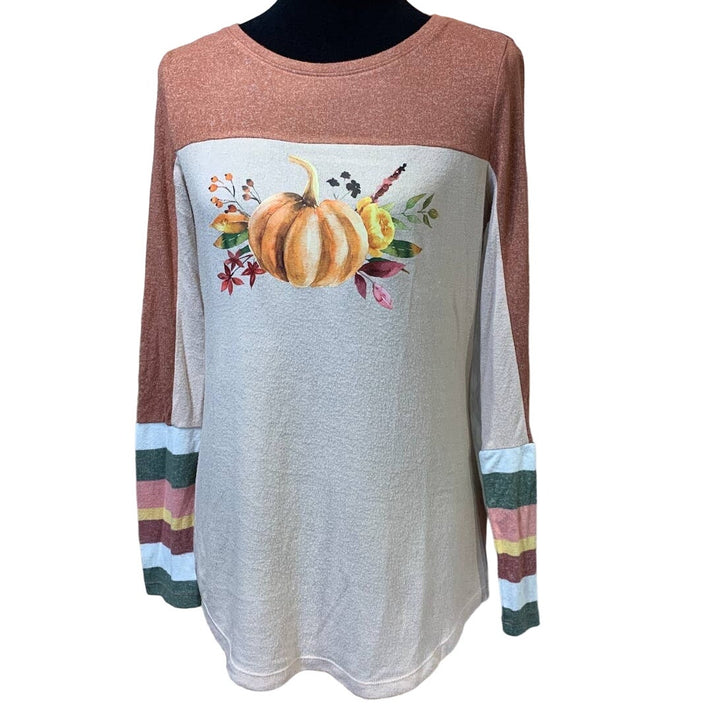 Hand Printed Small Upcycled Pumpkin Autumn Fall Flower Long Sleeve Sweater