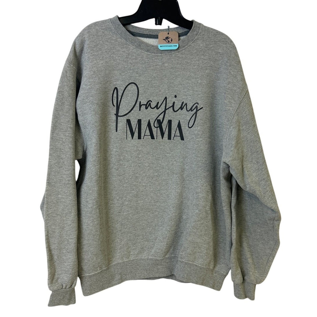 Upcycled Hand Printed Womens Large Praying Mama Long Sleeve Heatherd Sweatshirt